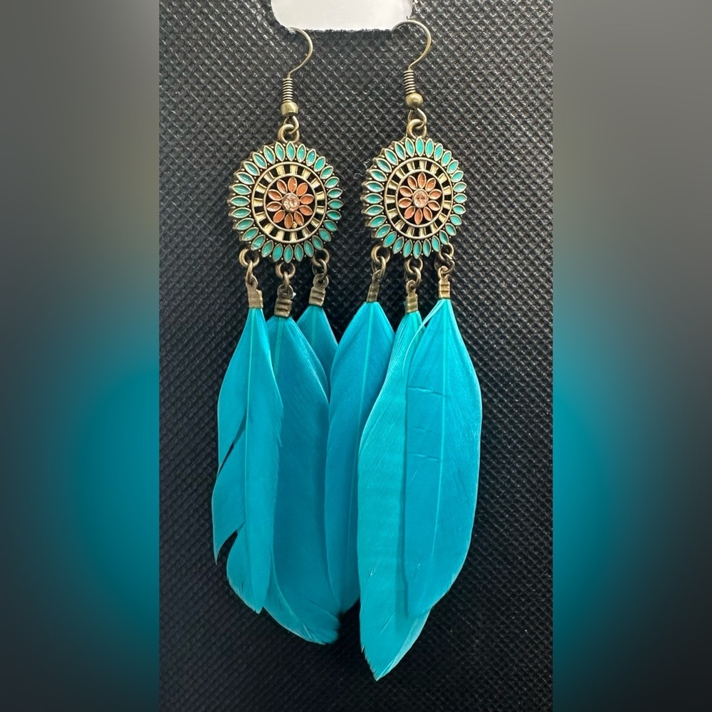 ✨💎 Bohemian Chic Turquoise Feather Dangle Earrings | Festival Statement Jewelry🩵 - Picture 7 of 16